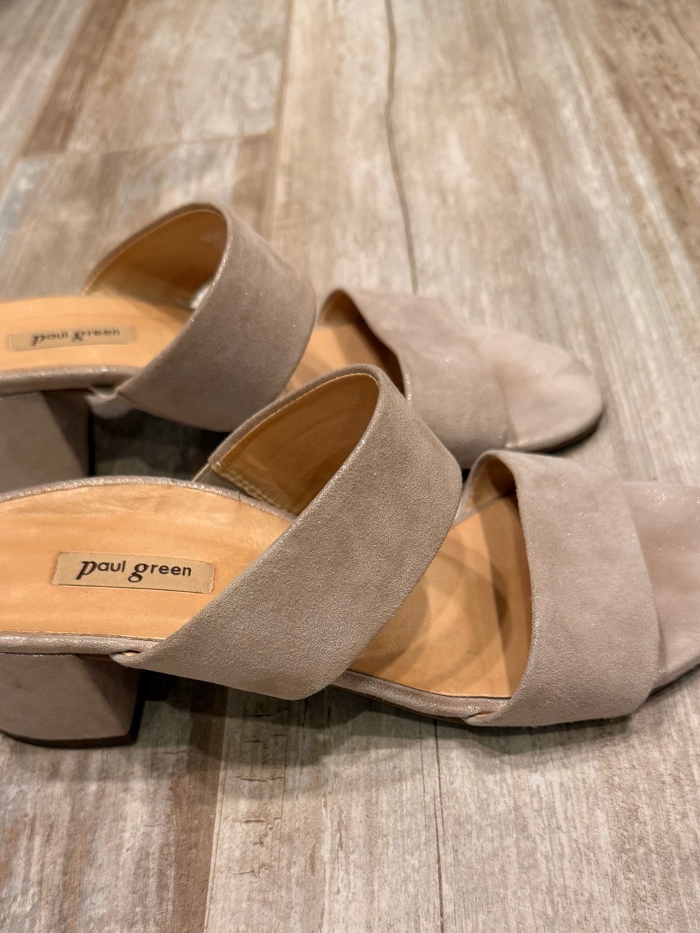 Paul Green Taupe Suede Double-Strap Block Heel Mules